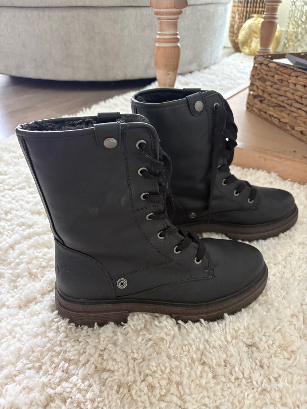 Roxy Black Lace-Up Combat Boots with Brown Lug Sole